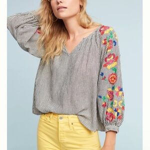 Anthropologie Soleil Blouse Top Blue White Striped Colorful Embroidery Size M